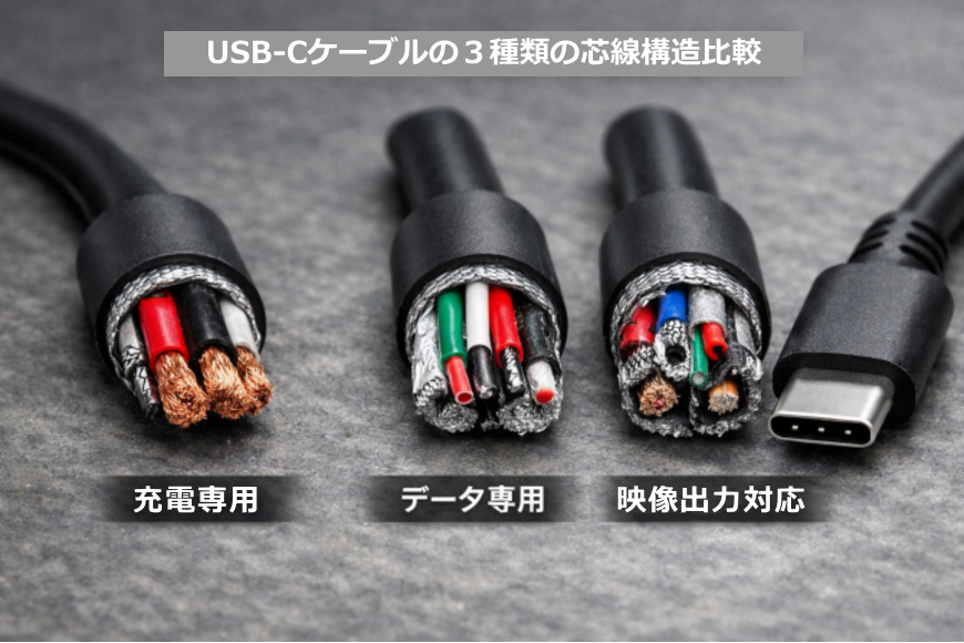 USB-Cケーブルの３種類の芯線構造の画像