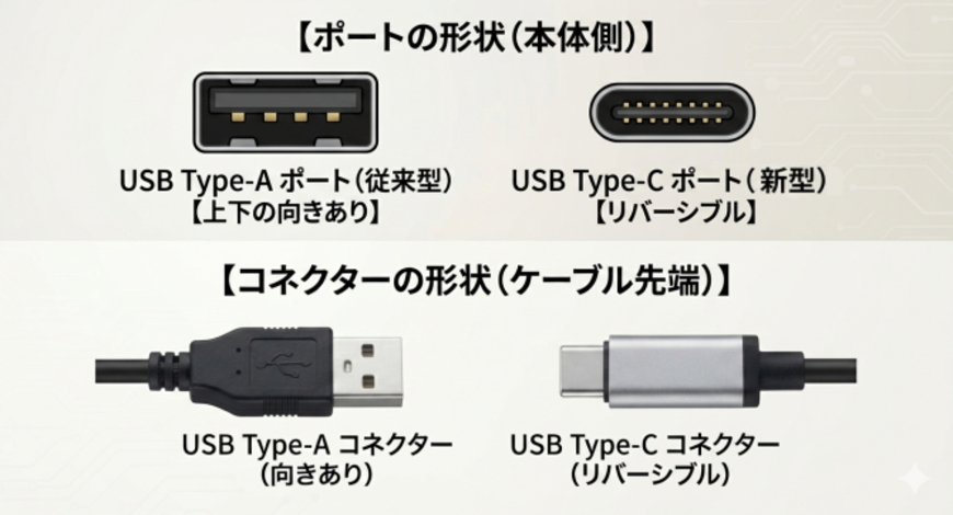 USBコネクターとポートの形状比較画像